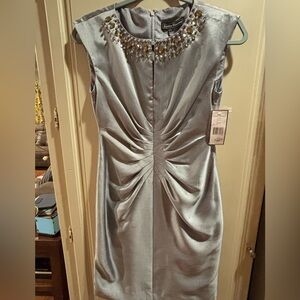 Jessica Howard Silver Midi Dress with Embellished Neckline